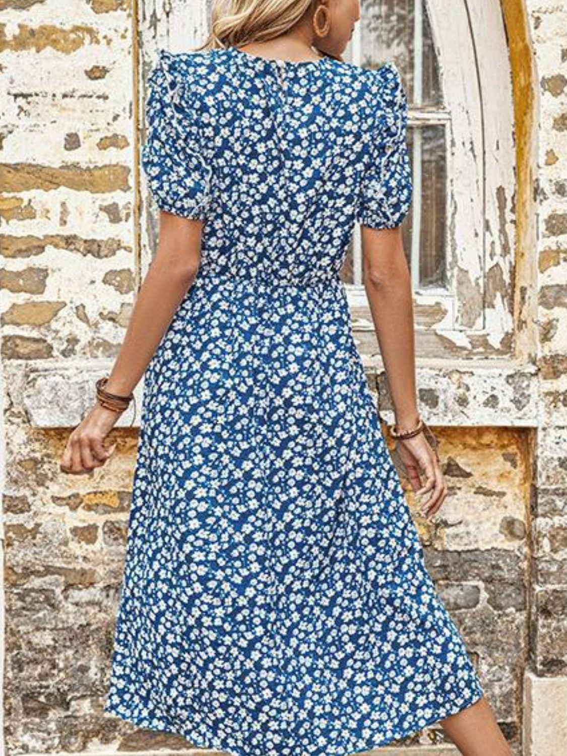 Woman wearing Blue Floral Midi Dress