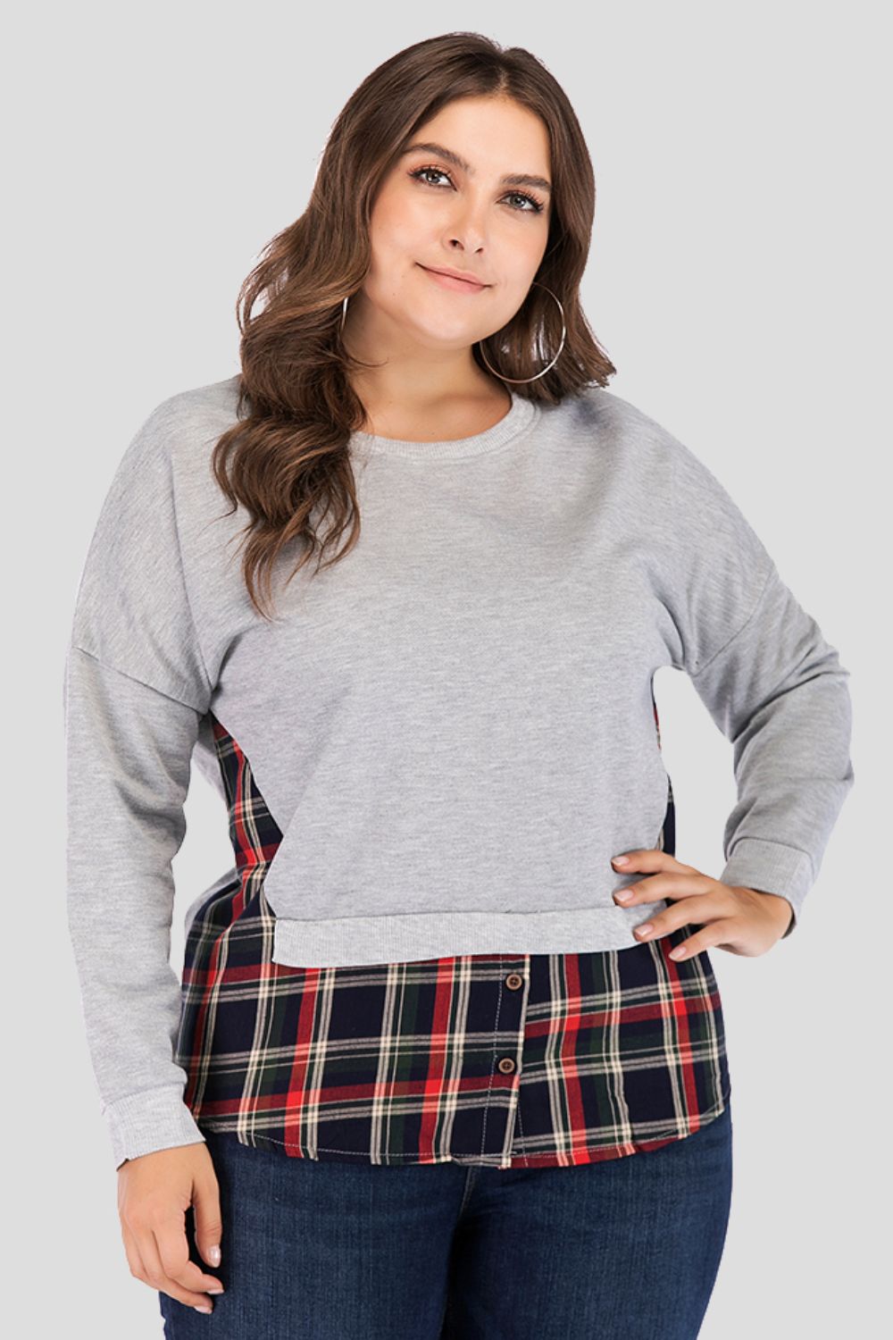 Plaid Patch Drop Shoulder Round Neck Top