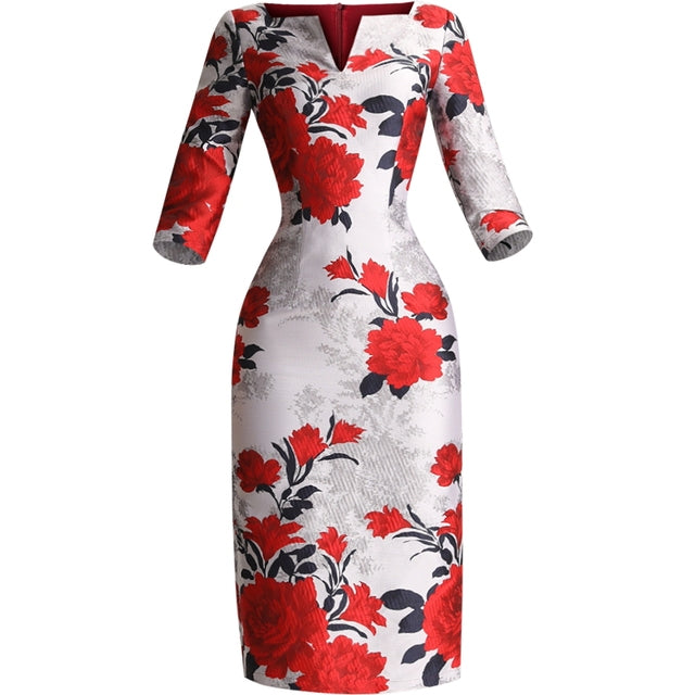 Red Floral Print Jacquard Midi Dress