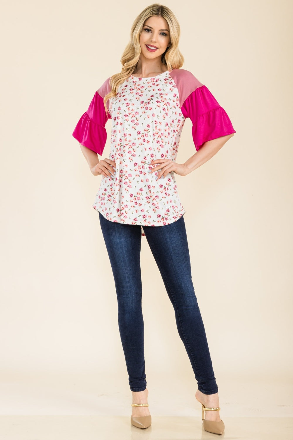 Floral Contrast Bell Sleeve Top