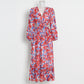 Printed V-Neck Puff Sleeve Cutout Maxi Dress