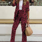 Leopard Lapel Collar Long Sleeve Blazer and Pants Set