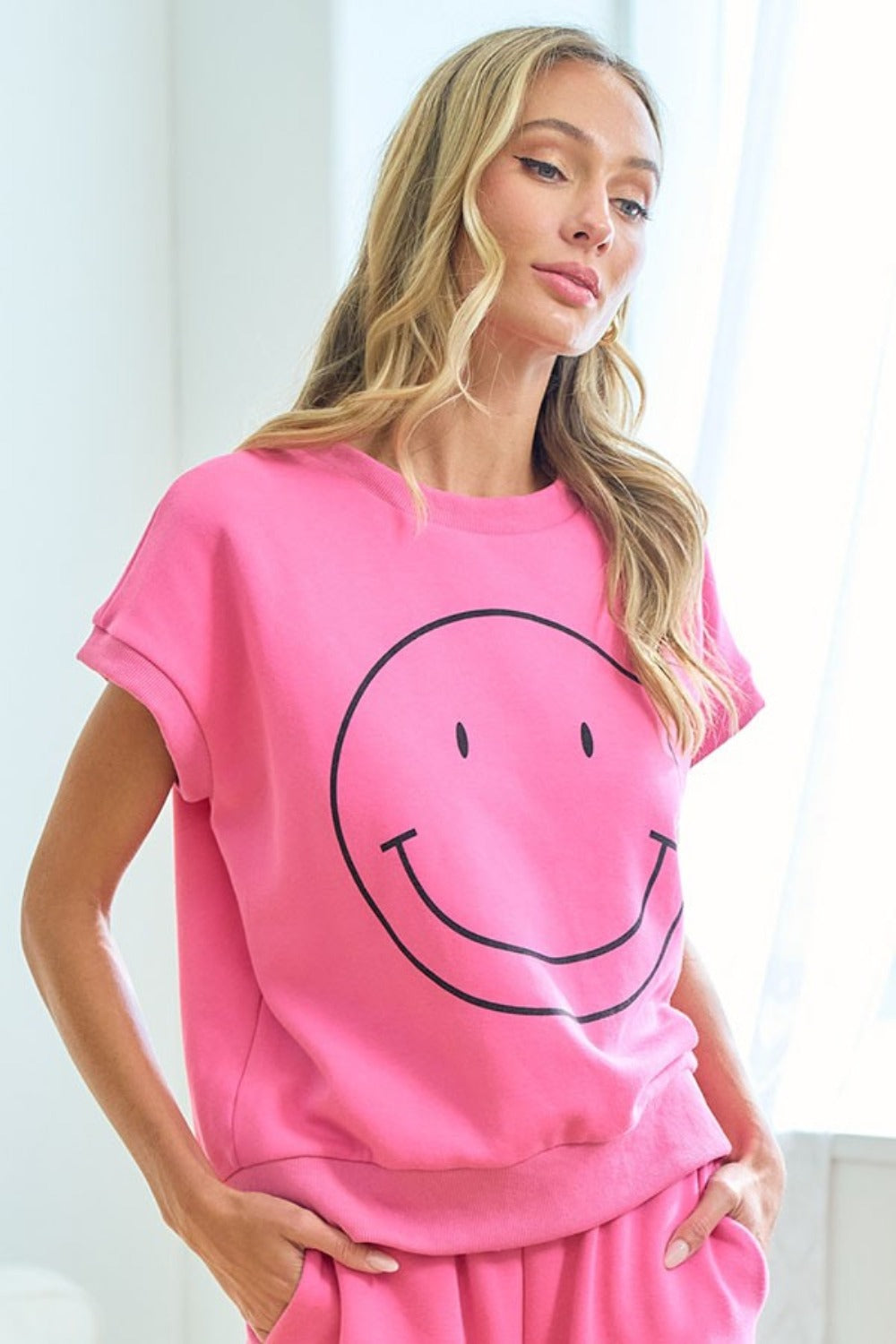 Smile Face Drop Shoulder Brushed Inside T-Shirt