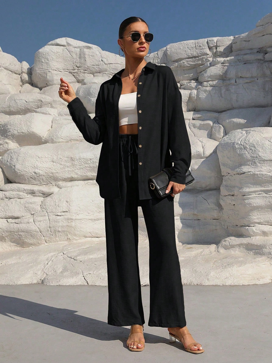 Button Up Long Sleeve Top and Pants Set