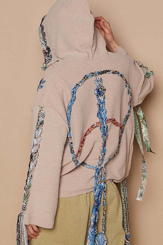 Contrast Thread Peace Back Hooded Sweater