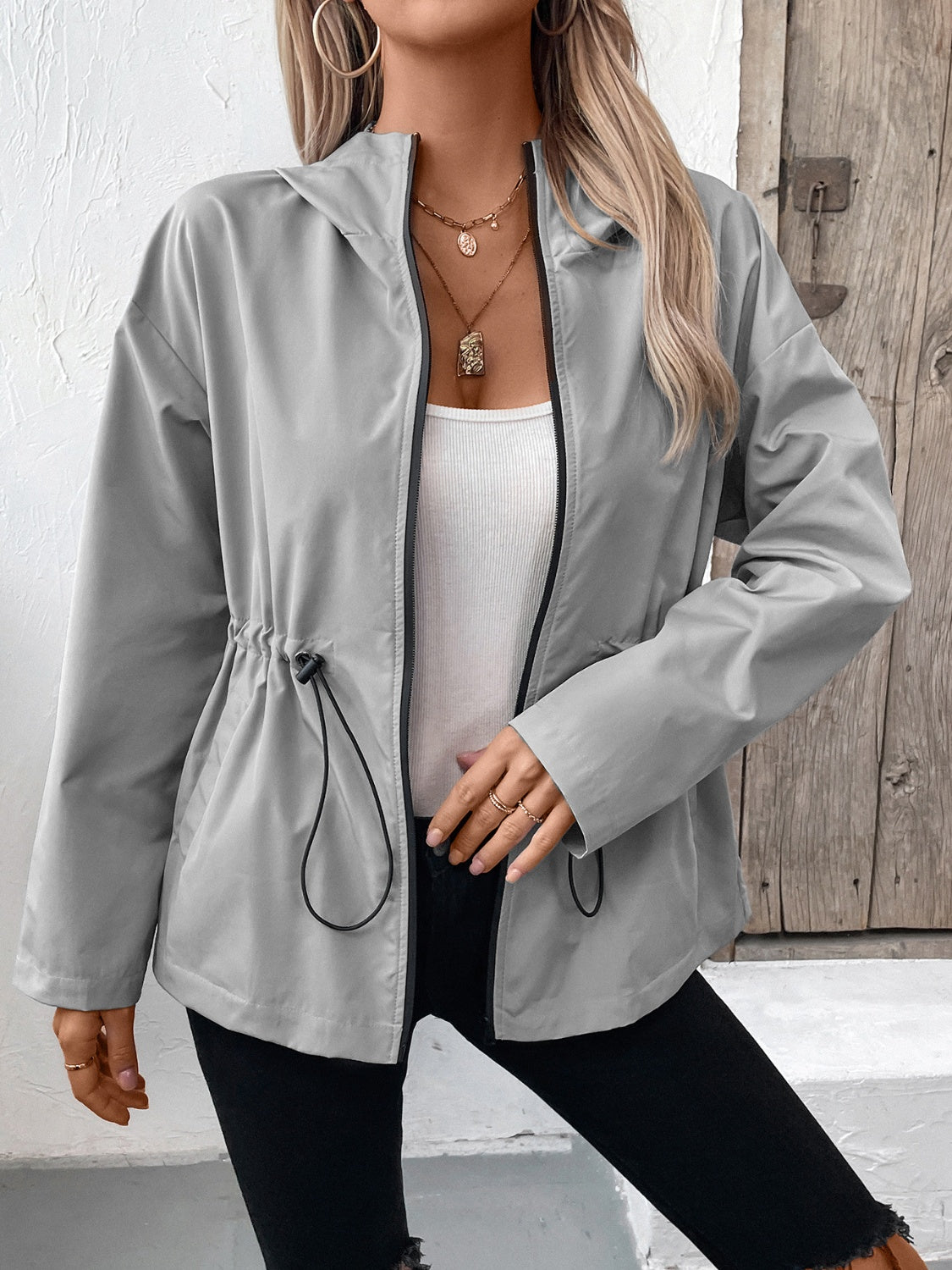 Drawstring Zip Up Hooded Jacket