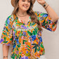 Plus Size Printed Tie Neck Half Sleeve Blouse