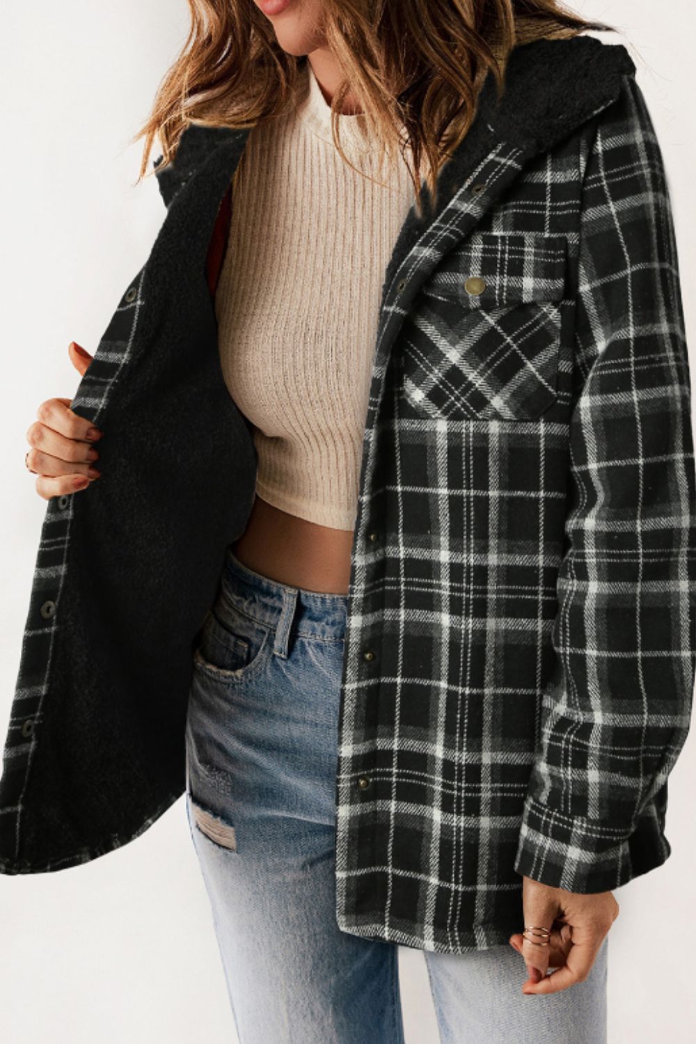 Plaid Button Up Long Sleeve Hooded Jacket