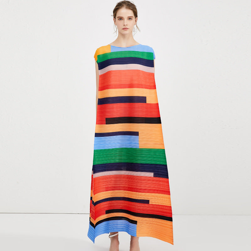 Miyake Pleated Contrast Striped Maxi Dress