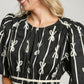 Ribbon Print Frill Contrast Velvet Trim Half Sleeve Dress