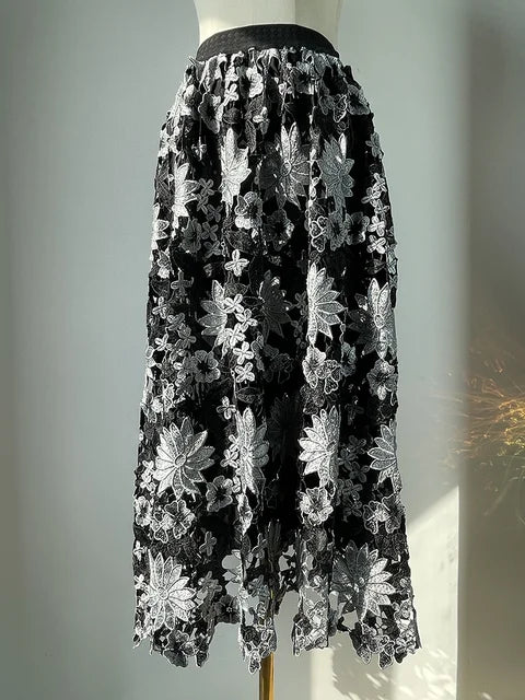 Floral Embroidery Hollow Out A-Line Skirt