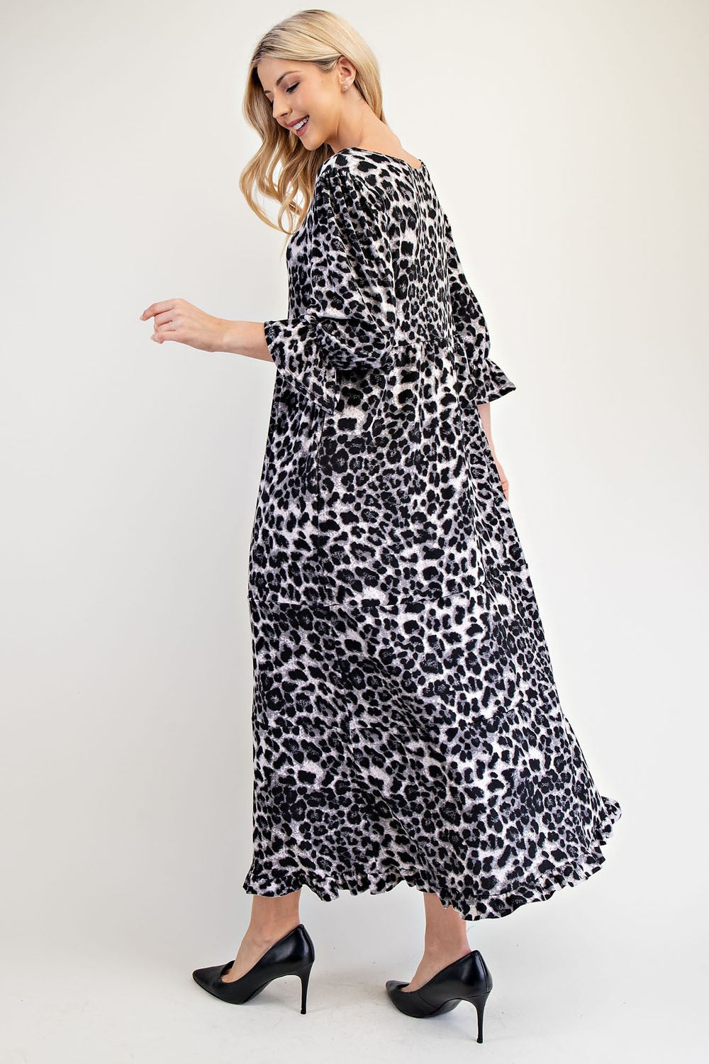 Leopard Round Neck Flounce Sleeve Dress