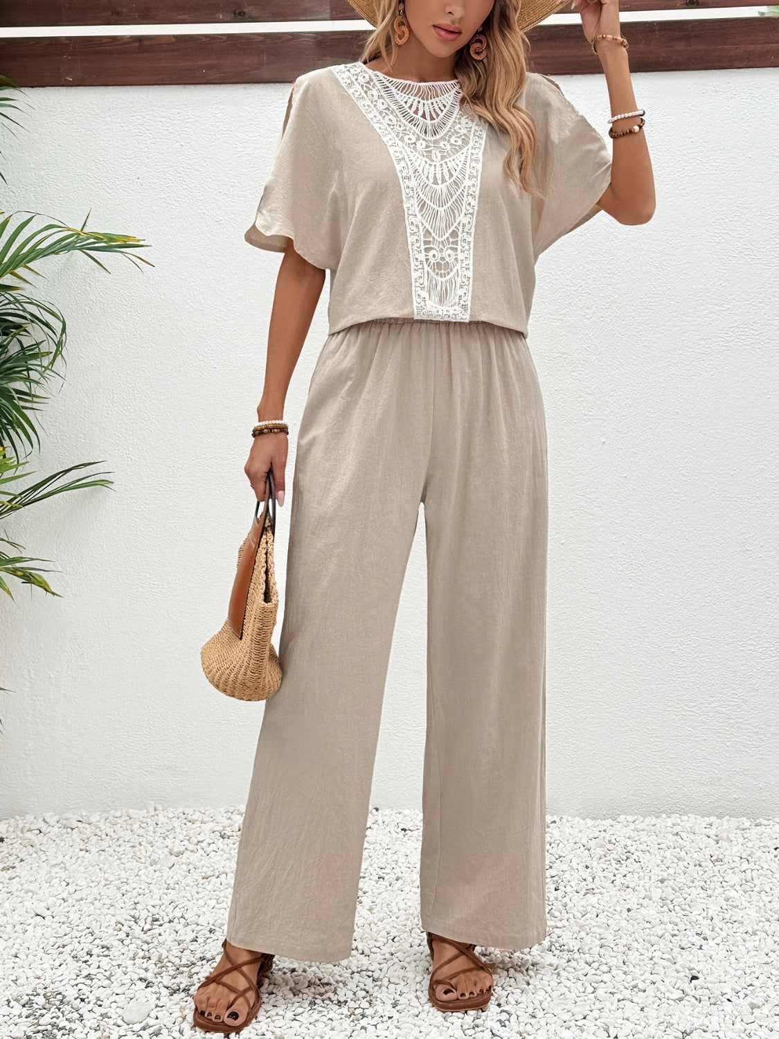 Lace Detail Round Neck Top and Pants Set