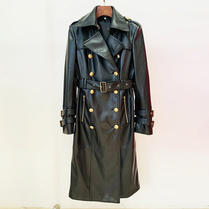 Luxury PU Leather Double Breasted Trench Coat with Belt