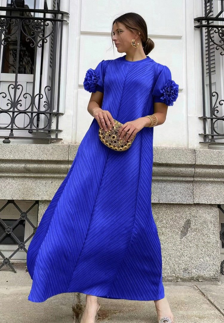 Miyake Pleated Ruffled Flower Maxi Dress