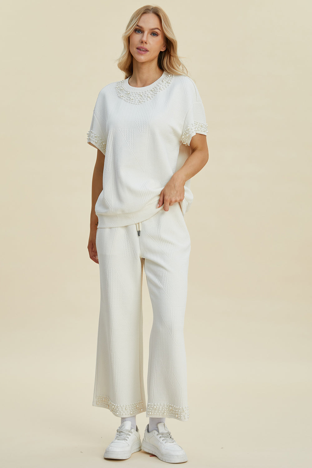 Pearl Detail Round Neck Top and Pants Set