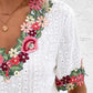 Eyelet Embroidered V-Neck Short Sleeve Blouse