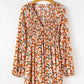 Smocked Printed V-Neck Long Sleeve Dress