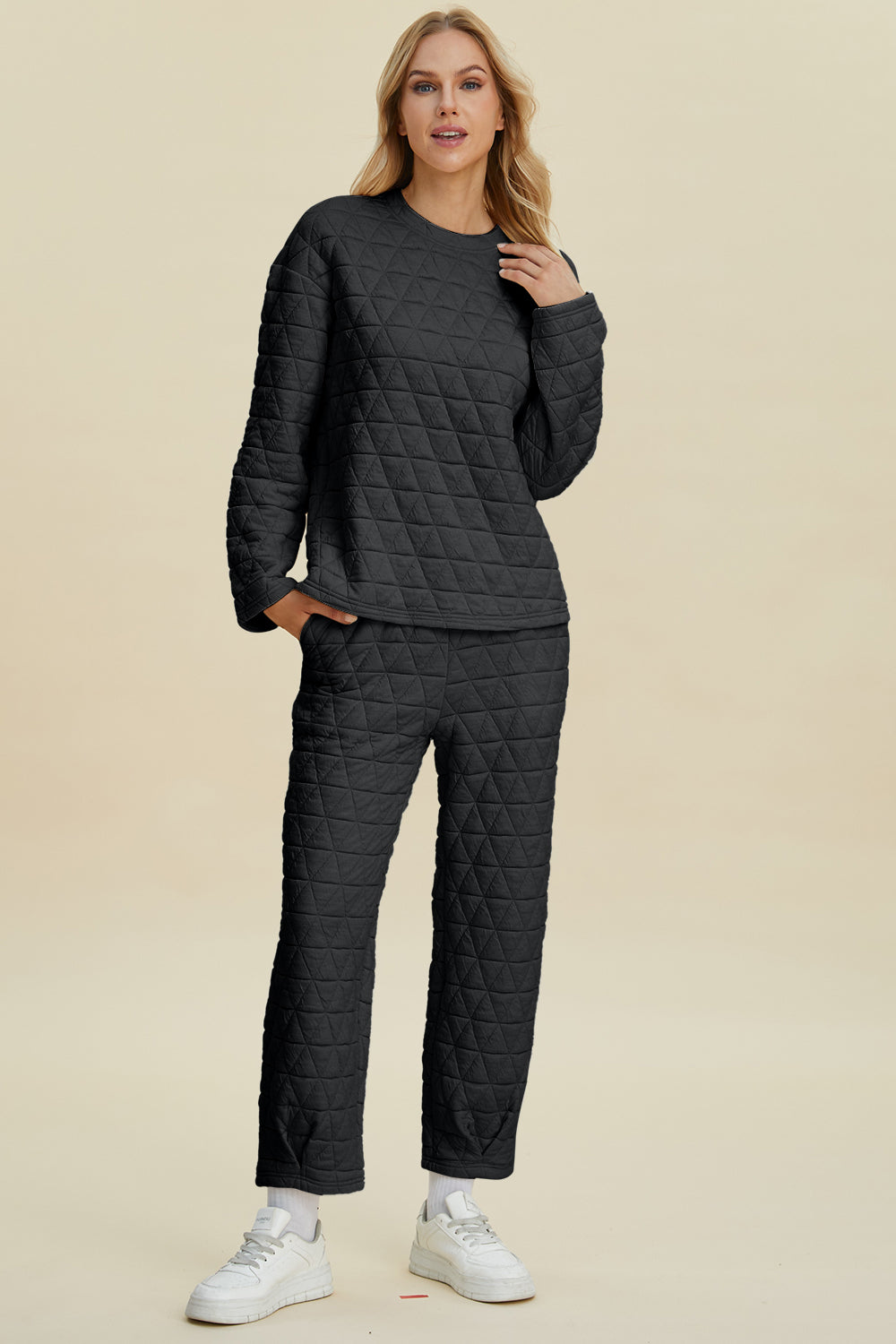 Texture Round Neck Long Sleeve Top and Pants Set