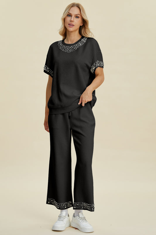 Pearl Detail Round Neck Top and Pants Set