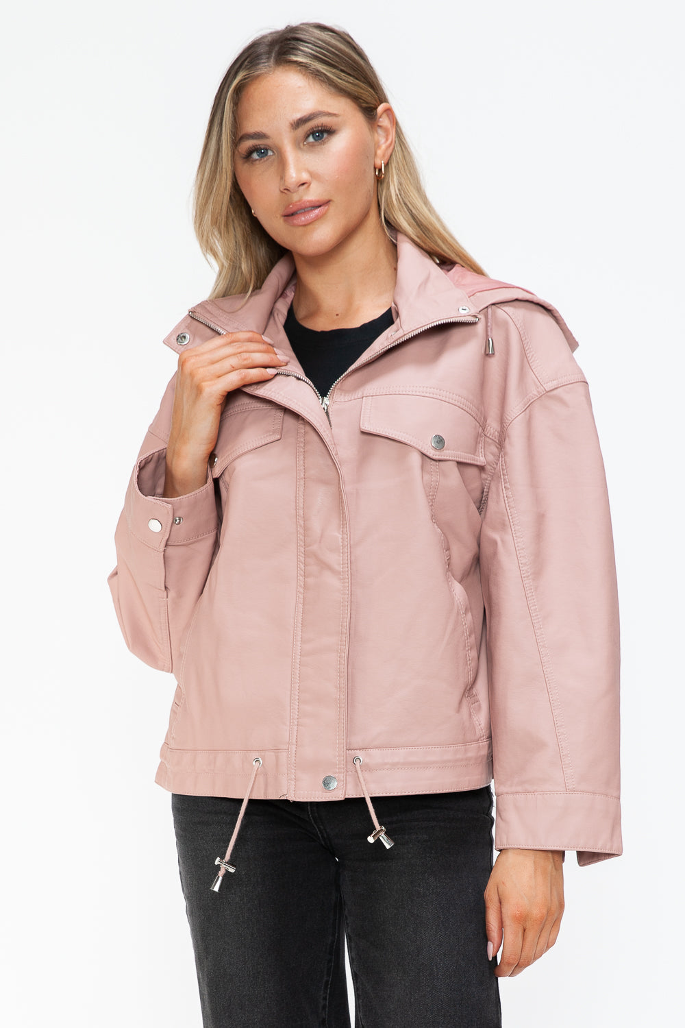 Drawstring Hem PU Leather Zip Up Jacket