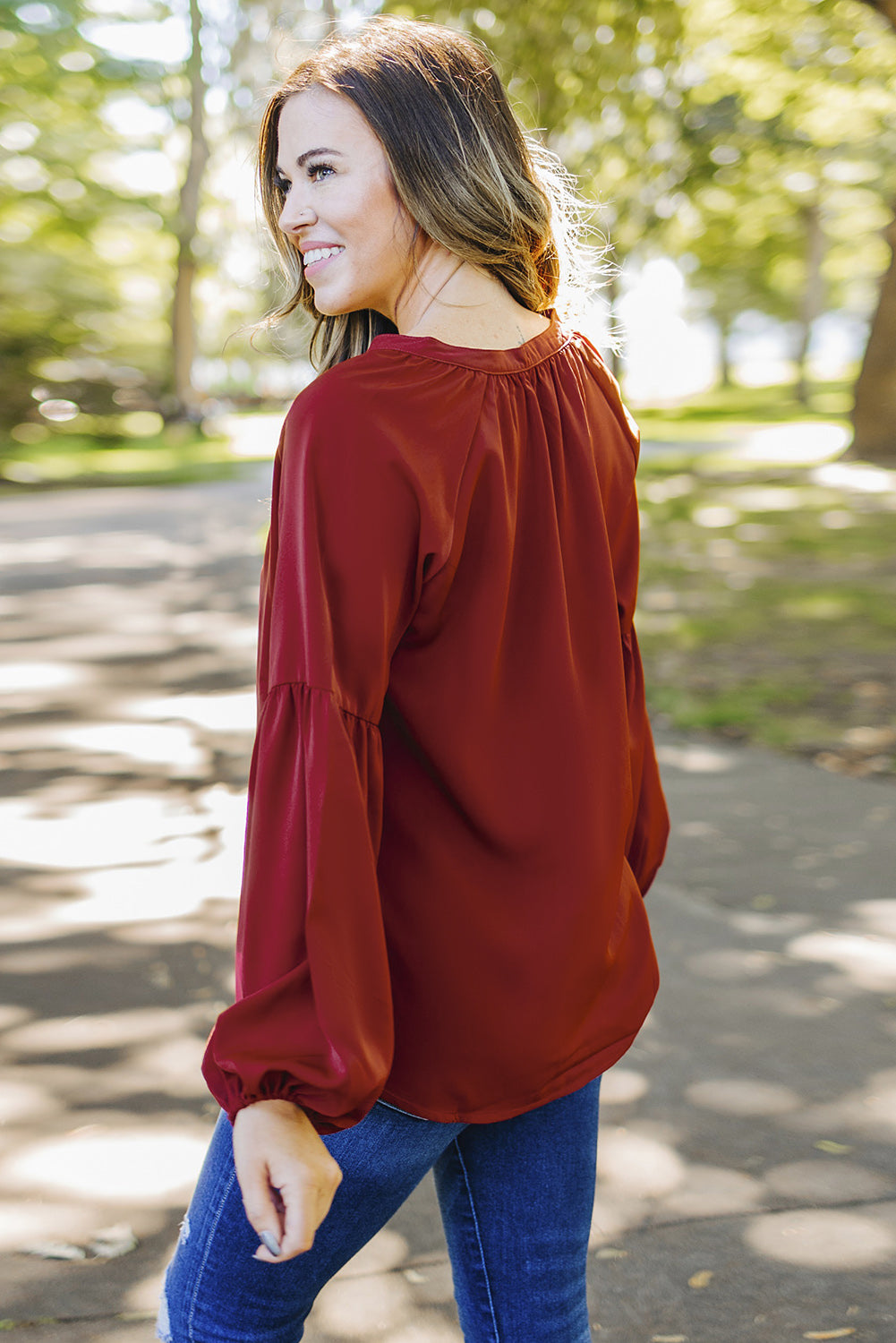 Ruched Notched Balloon Sleeve Blouse