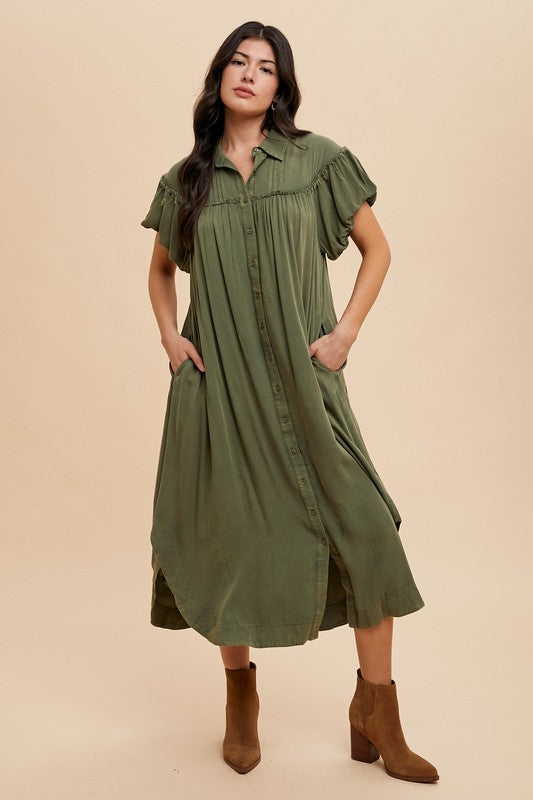 Mineral Washed Button Down Puff Sleeve Shirt Dress