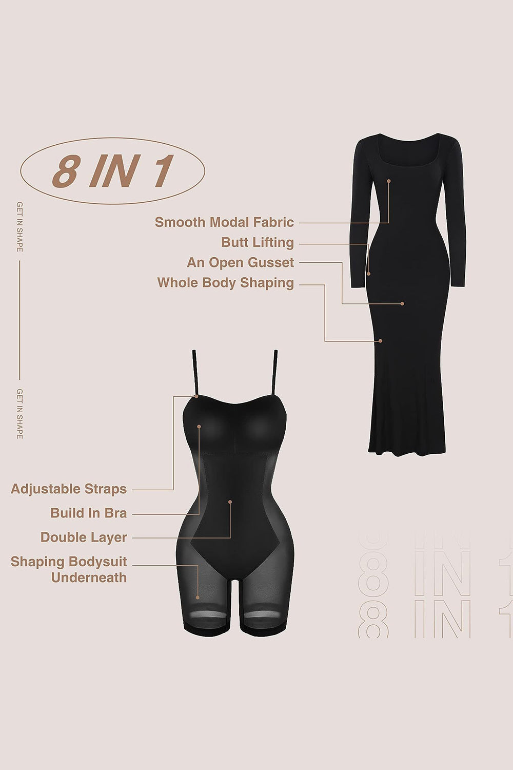 Built-In Shapewear Square Neck Long Sleeve Maxi Dress