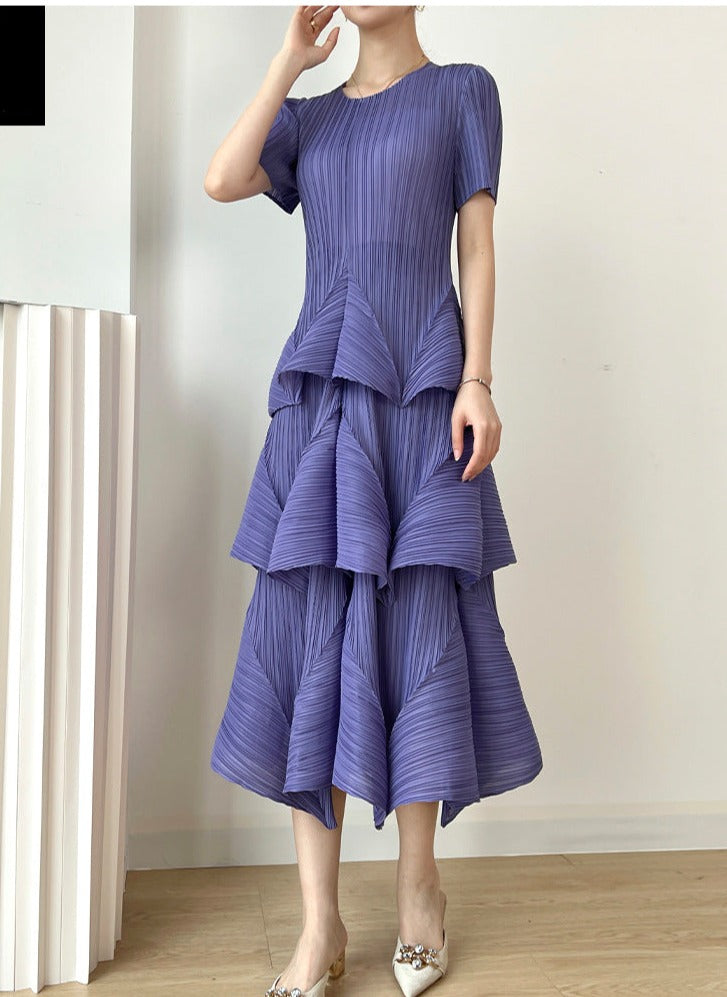 Miyake Pleated Tiered A-Line Midi Dress
