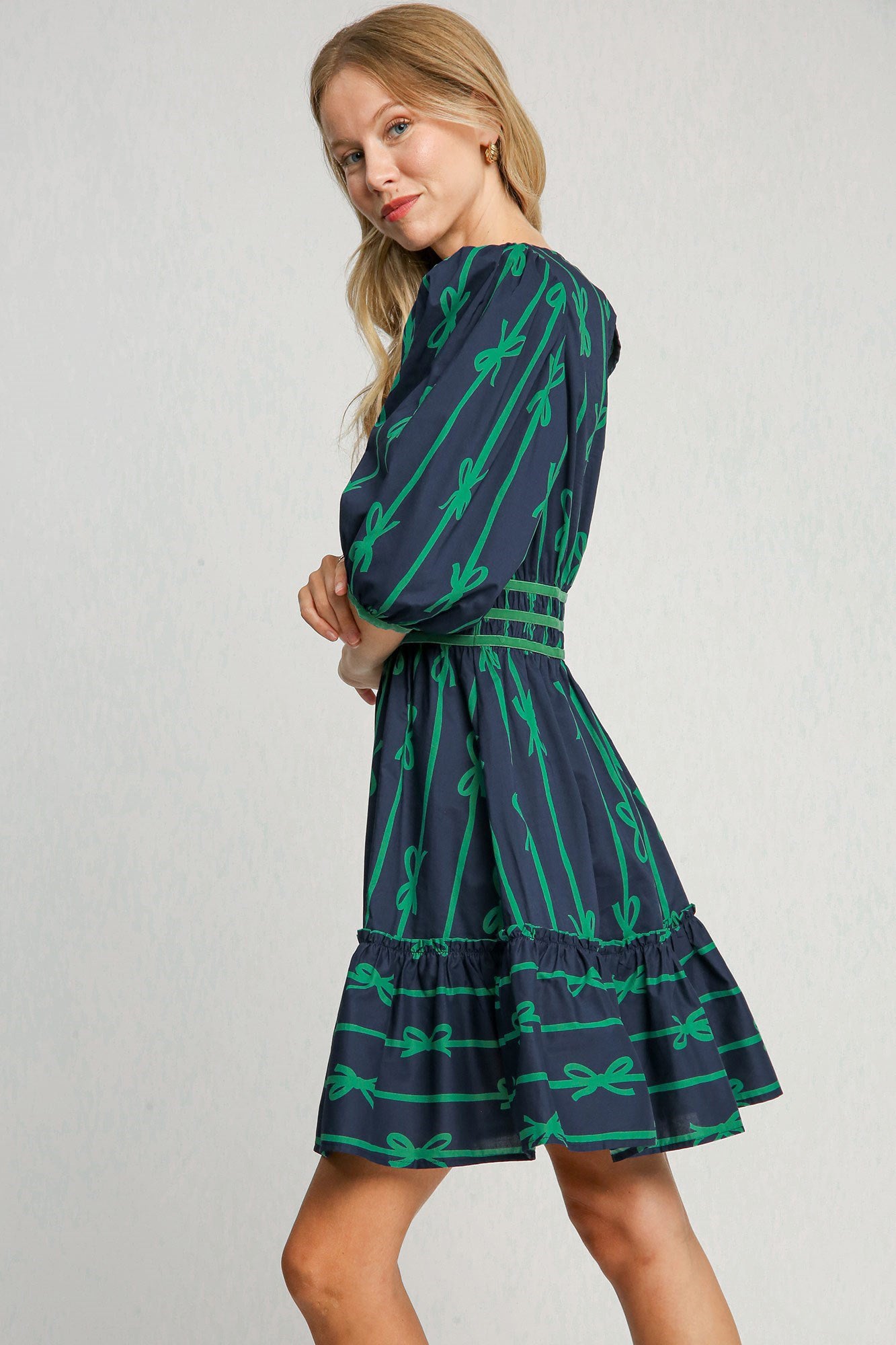 Ribbon Print Frill Contrast Velvet Trim Half Sleeve Dress