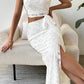 Lace Round Neck Top and Slit Skirt Set