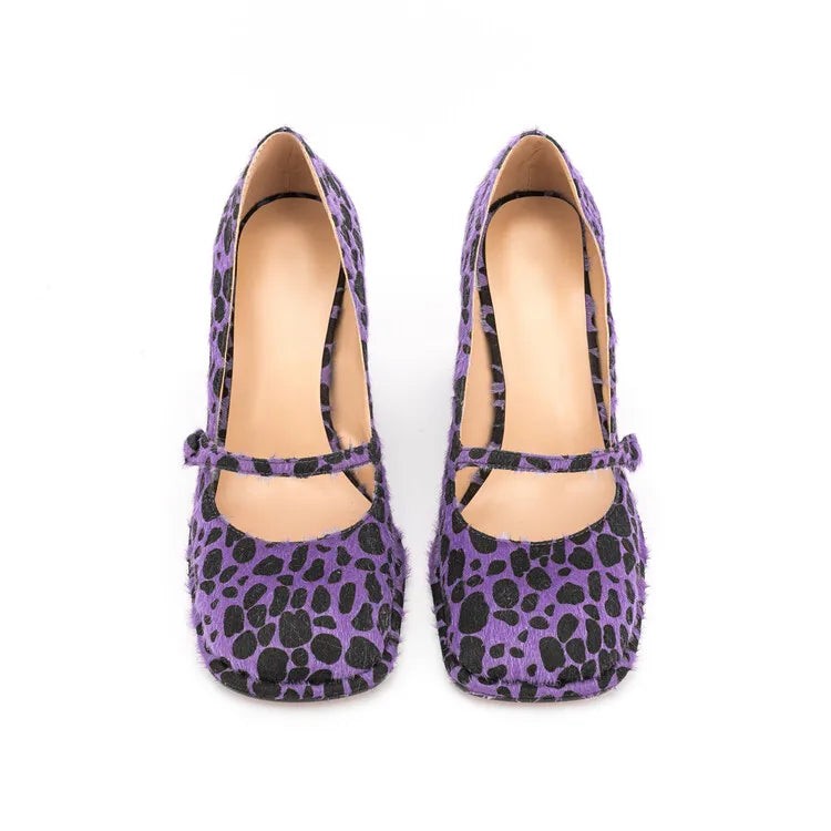 Leopard Square Toe Block Heel Shoes