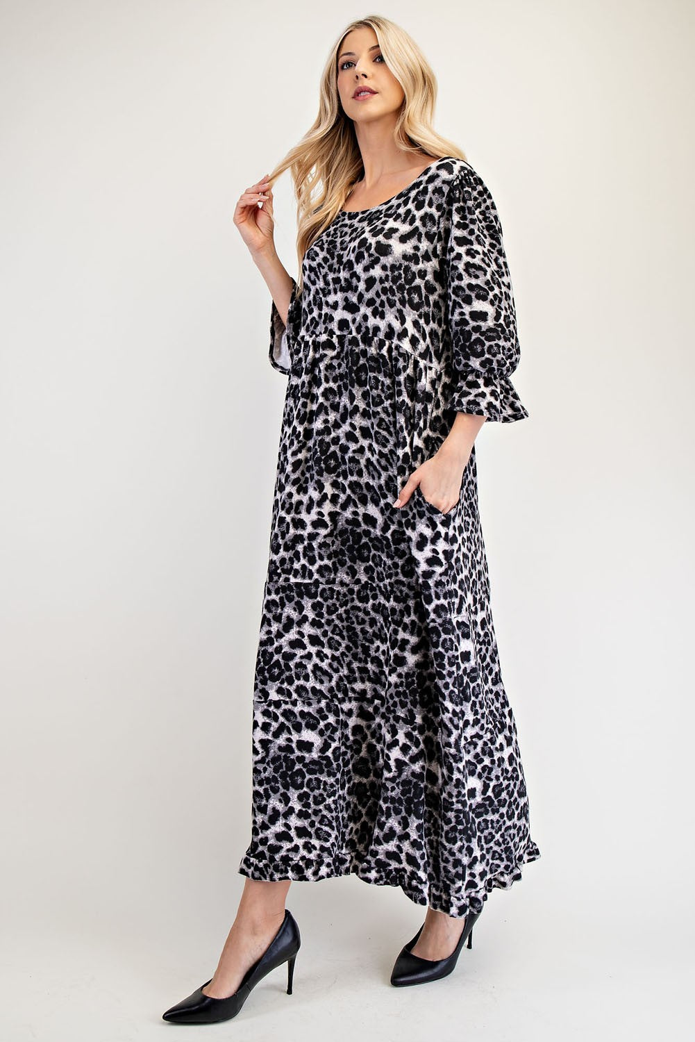 Leopard Round Neck Flounce Sleeve Dress