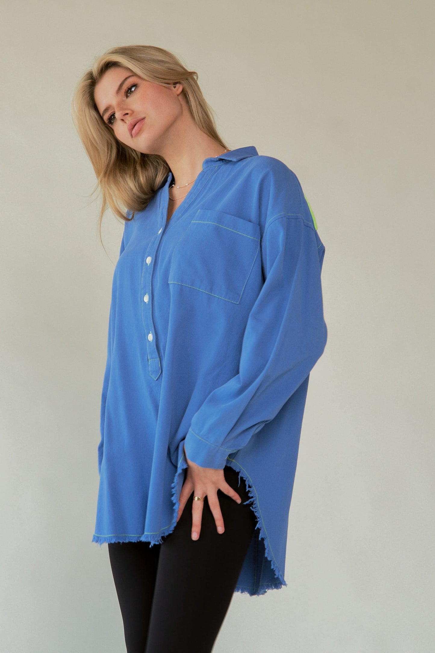 Letter Back Raw Hem Half Button Shirt