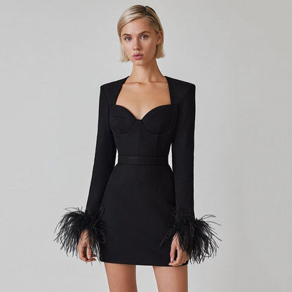 Feather Cuff Long Sleeve Mini Bandage Dress