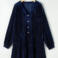 Plus Size Textured Velvet Decorative Button Long Sleeve Dress