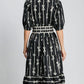 Bow Tie Print Notched Contrast Velvet Trim Midi Dress