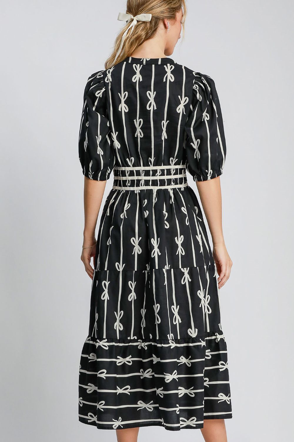 Bow Tie Print Notched Contrast Velvet Trim Midi Dress