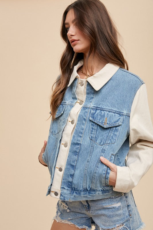 Collared Neck Double Placket Denim Jacket