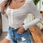 Striped Half Button Scoop Neck Long Sleeve Bodysuit