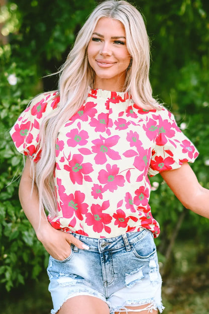 Printed Mock Neck Puff Sleeve Blouse