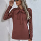 Tie Neck Spliced Lace Long Sleeve Top