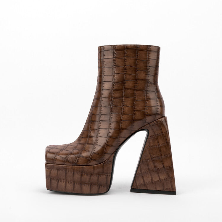 Square Head Animal Pattern Chunky Heel Boots