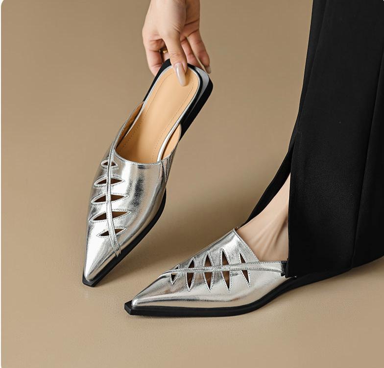 Pointed Toe Hollow Out Low Heel Mules