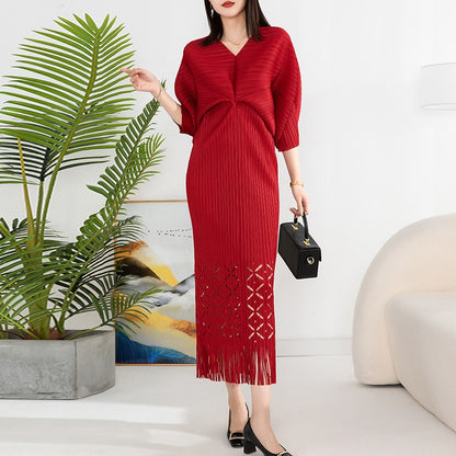 Miyake Pleated Batwing Sleeve Tassel Maxi Dress