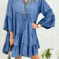 Notched Three-Quarter Sleeve Denim Dress