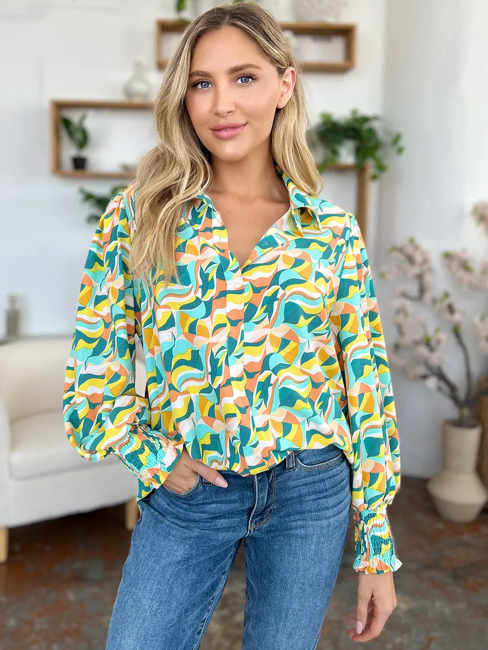 Printed Smocked Long Sleeve Blouse