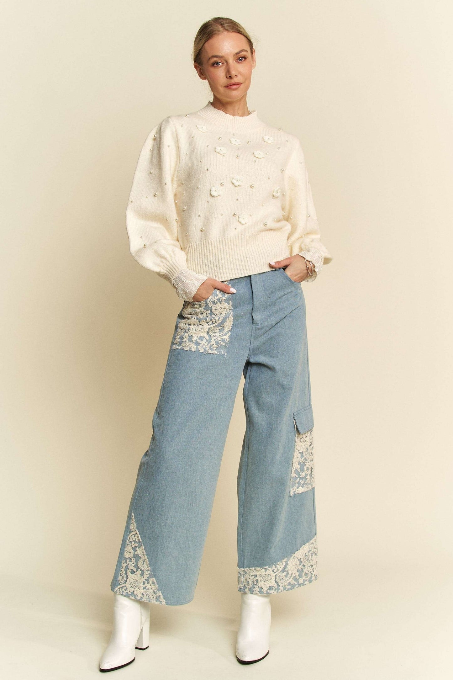 Lace Applique Wide Leg Jeans