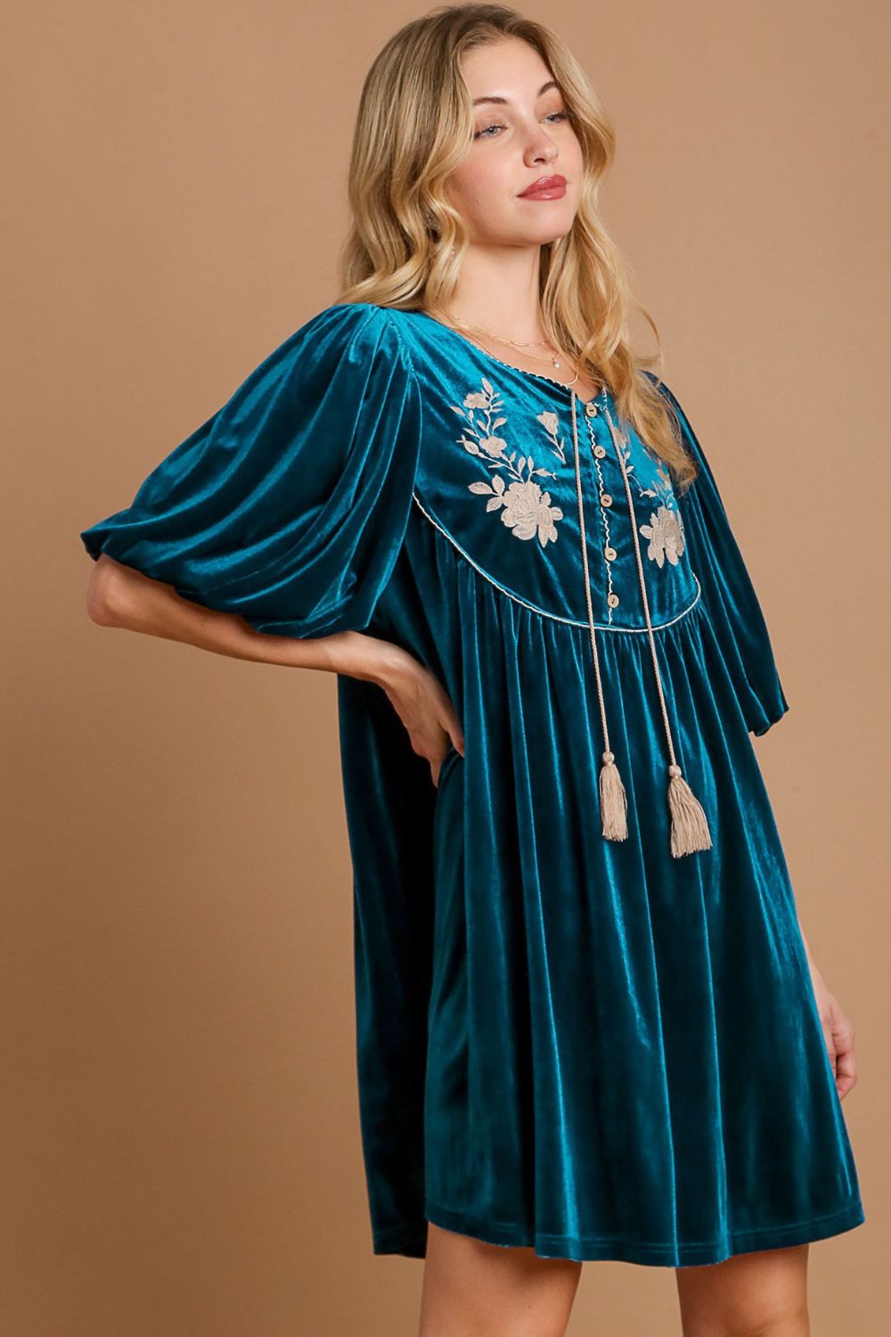 Embroidered Half Sleeve Velvet Mini Dress with Tassel