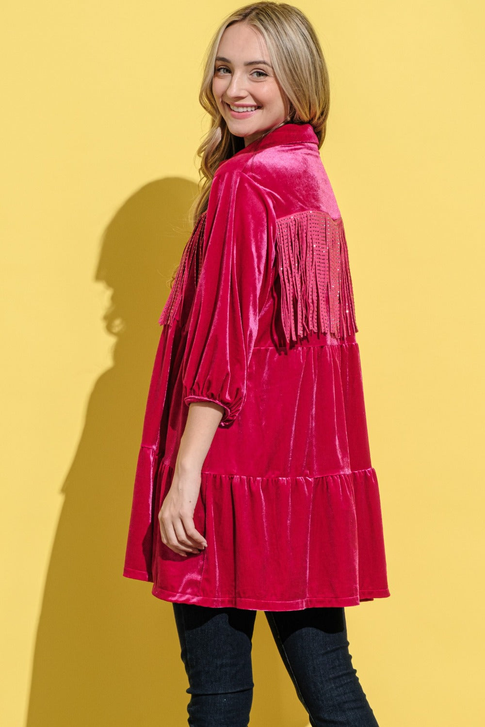 Fringe Detailed Velvet Shirt Dress